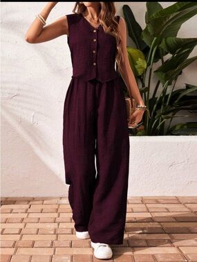 Solid V-Neck Front Button Sleeveless Top And Long Pants Casual 2 Pieces Outfit